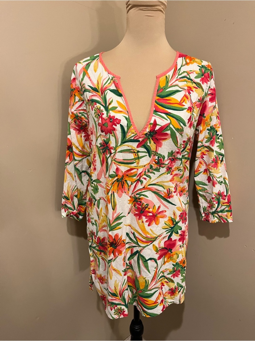 J. Crew Floral V-Neck Swim Vover Up in White, Pink & Yellow, Med
